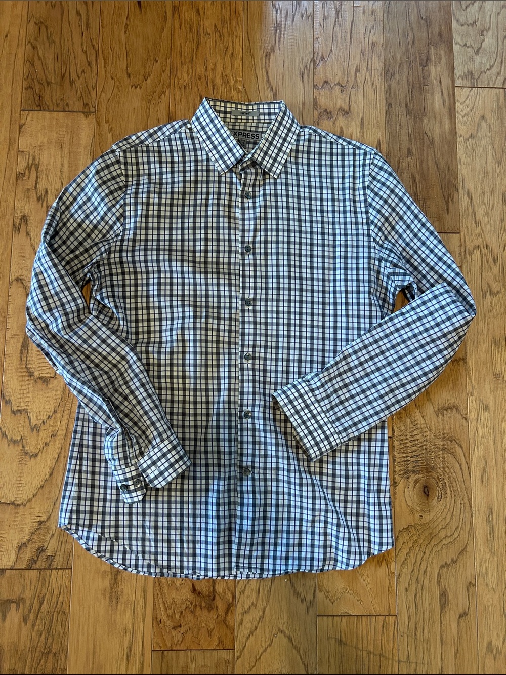 Express Men's White and Blue Plaid Button-Up Shirt